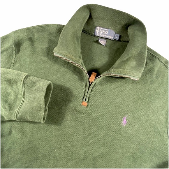 Polo Ralph Lauren Quarter Zip Sweater Men Large Green Soft Pima Cotton Preppy - Picture 1 of 11